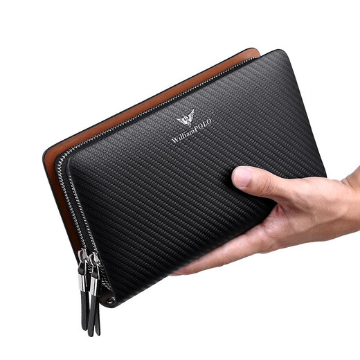 WILLIAMPOLO Paul double zipper leather clutch handbag handbag men's wallet business men's bag large capacity hand grab leather bag black
