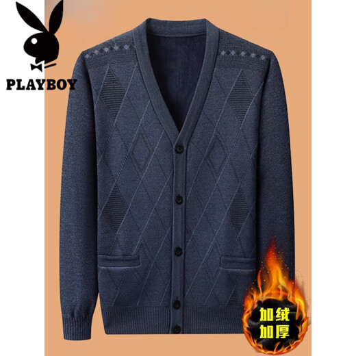 Playboy (PLAYBOY) velvet thickened knitted cardigan V-neck men's winter business casual cardigan sweater jacket dad outfit 3126 dark gray velvet thickened XL (recommended 120-150Jin Jin equals 0.5 kg)