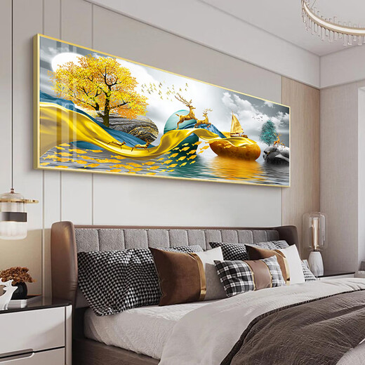 三栖虎轻奢简约北欧卧室床头装饰画主卧挂画温馨房间墙面壁画2022年新款 WS1047相濡以沫 轻奢金框30*120晶瓷画