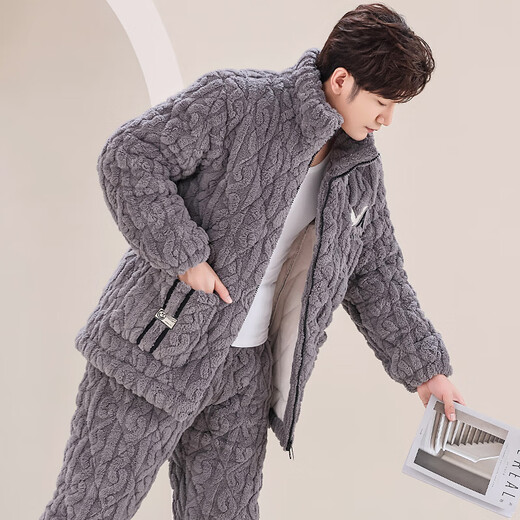 莫代尔新款男士秋冬季三层夹棉睡衣珊瑚绒加绒加厚法兰绒家居服冬天套装 咖啡色M6629 L 【95-120斤】三层加厚
