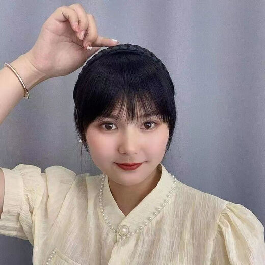 Dragon Girl Douyin's same braided headband with bangs integrated real hair front forehead curtain and sideburns to cover white hair and broken bangs wig piece real hair style - dark brown A29-201