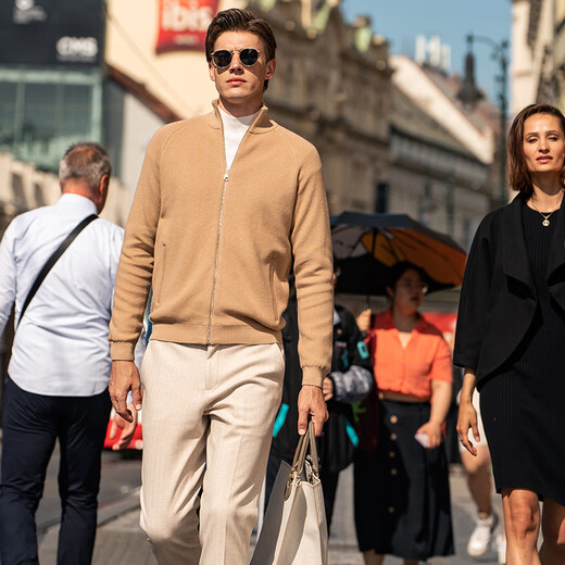 
Mr. Cloth Zipper Collar Knit Cardigan Men's Spring and Autumn New Long Sleeve Wool Jacket BT12300 Break-Code Clearance Light Flower Camel XL (180)