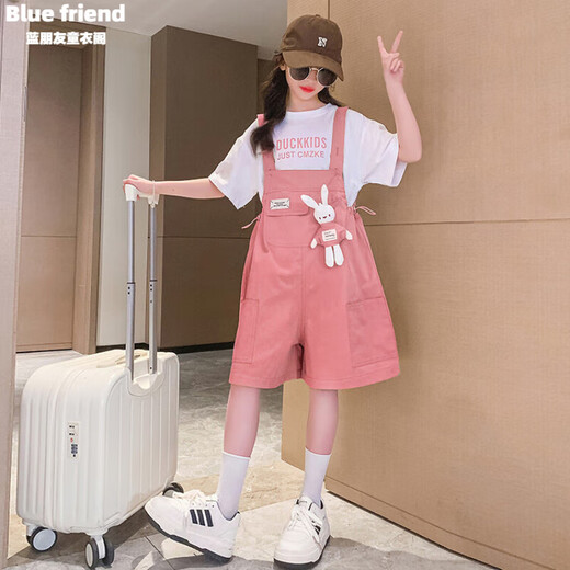 女童夏季背带裤短袖套装2025新款儿童夏季薄款衣服洋气女大童夏装 粉色 160