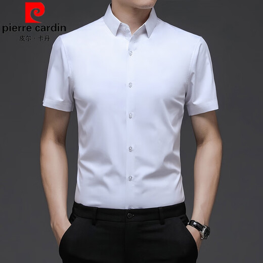 皮尔卡丹冰丝衬衫男短袖白色衬衣结婚礼服登记照情侣装证件照领证新郎衣服 8815粉色 180