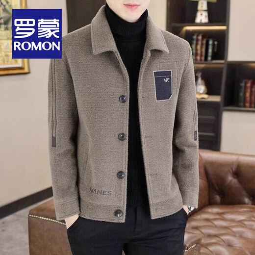 ROMON Lapel Men's Woolen Jacket Spring and Autumn New Business Casual Young and Middle-aged Short Cotton Thickened Woolen Jacket Men Regular Style Brown XL Recommended 121-140Jin Jin is equal to 0.5 kg