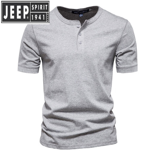 Jeep Spirit Herren neuer T-Shirt Herren lässiger kurzärmelige Baumwolle Henry Hals Henry Henry Open-Pallet Herrenfarbhemd Hemd Sommer Dunkelgrau M.
