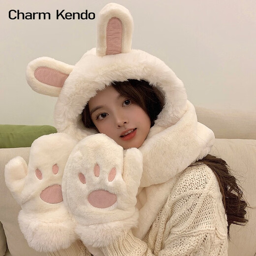 Charm Kendo hat and scarf for women all-in-one suit winter scarf and gloves for women to keep warm New Year's birthday gift for girls, practical gift for girlfriend and wife, white