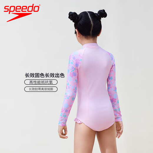 Speedo Hualala series children's printed long-sleeved sun protection soft one-piece swimsuit for girls 24 new seaside surfing swimsuit pink all-inclusive design, effective sun protection 120-130cm 7-8 years old