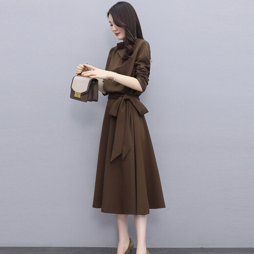 Chu Xin 2025 spring and autumn new women's fashionable temperament slim and slim women's long-sleeved dress bottoming skirt coffee color M (90-118Jin Jin equals 0.5 kg)