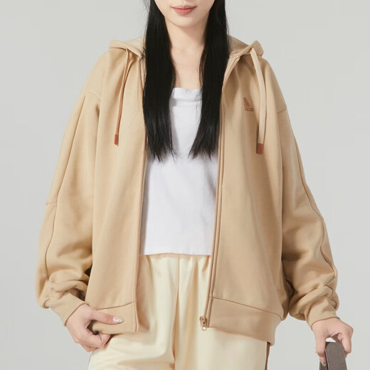 阿迪达斯 （adidas） 外套女装2024春秋季新款连帽夹克保暖针织运动休闲夹克开衫卫衣 IK9893卡其色内里加绒 M