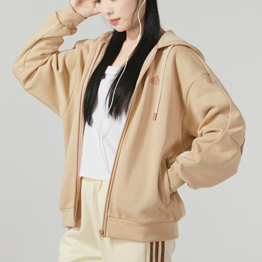 阿迪达斯 （adidas） 外套女装2024春秋季新款连帽夹克保暖针织运动休闲夹克开衫卫衣 IK9893卡其色内里加绒 M