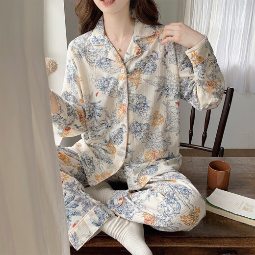 猫人秋季新款睡衣女长袖可外穿ins风甜美开衫家居服女国风春夏天 9227 山水画 M