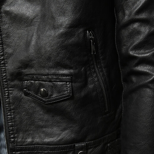 rowswell国潮伦复古斜拉链翻领皮夹克男 多口袋修身茄克个性帅气青年PU皮衣 黑色 2XL