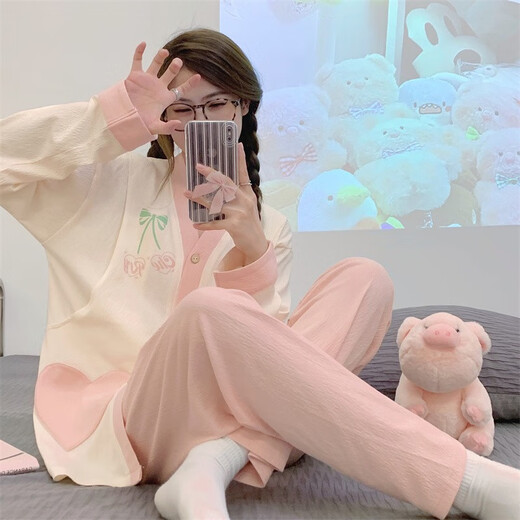 欧鹿汐（OULUXI）纯色皱布棉质月子服春秋孕妇睡衣夏季透气吸汗产妇产后哺乳喂奶衣 AXXE724少女心 2XL码 (建议135-155斤)