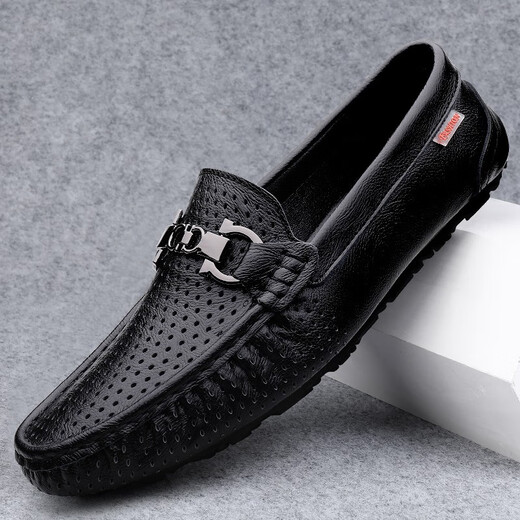 Genuine leather beans shoes Korean style men's casual leather shoes soft sole men's shoes fashionable breathable business lazy shoes men's trendy shoes Mingtao 9905 black (hollow style) 40