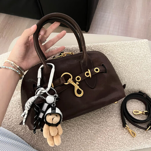 酷奇袋鼠植鞣皮复古贝壳包女手提保龄球包包高级感真皮单肩斜挎波士顿包包 咖啡色 植鞣羊皮