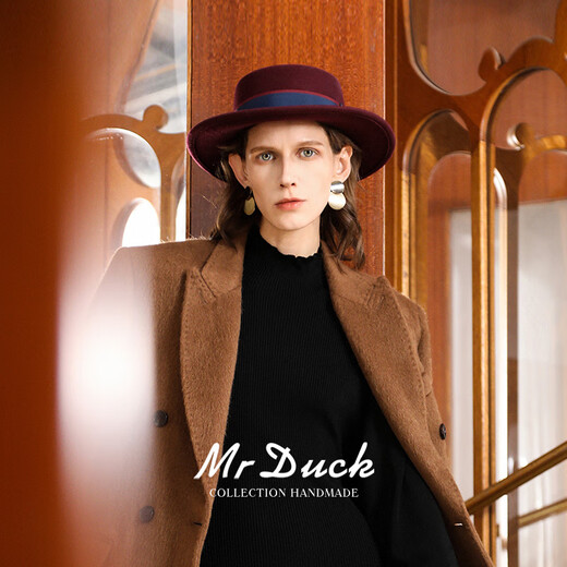 Mr DUCK Australian wool flat top hat for women New Year atmosphere festive hat Qiji red French style handmade felt hat MW462145-enamel wine red (double patchwork ribbon) L (57-58cm)