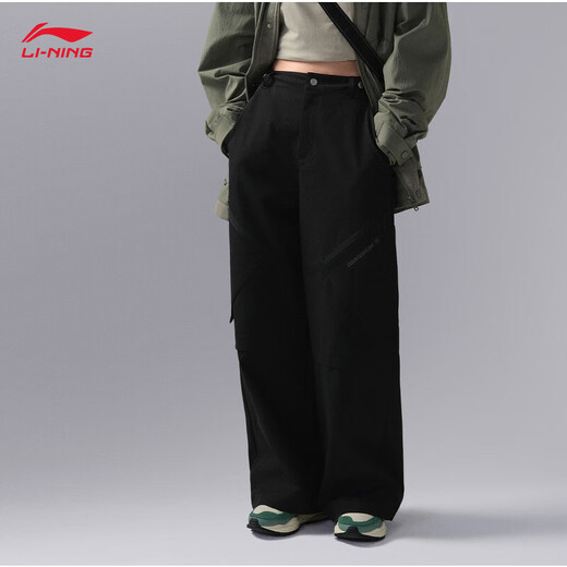 李宁（LI-NING）CF溯丨运动裤女户外宽松垂感直筒运动长裤子AYKU724 黑色-4 S