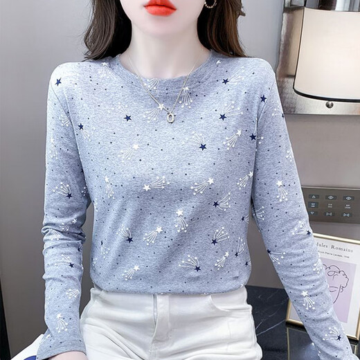 红蜻蜓纯棉时尚印花打底衫女长袖秋季新款修身百搭圆领T恤内搭上衣 DD1396#（灰色）长袖 2XL 【建议131-145斤】