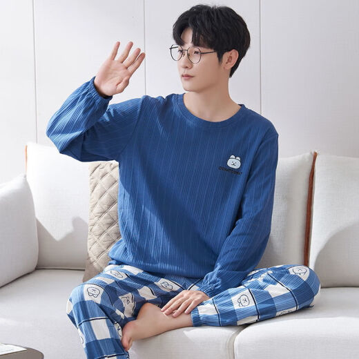莫代尔高档男士睡衣纯棉长袖青年学生春秋季新款大码家居服套装可外穿 MJL7374男 L [115-130斤]