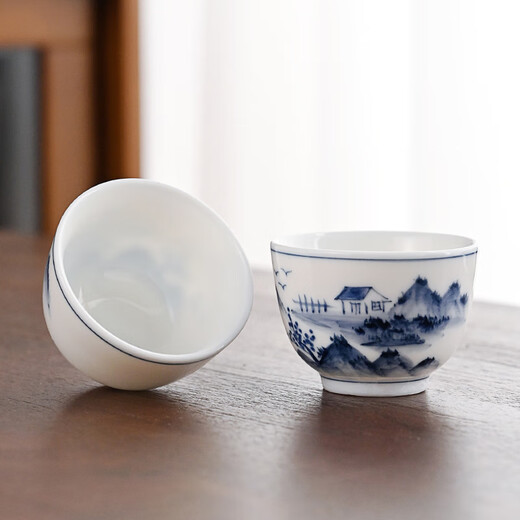 Gold-inlaid jade covered bowl tea set Kung Fu teacup set mutton-fat jade ceramic hand-painted landscape household simple three pieces close to mountains and rivers