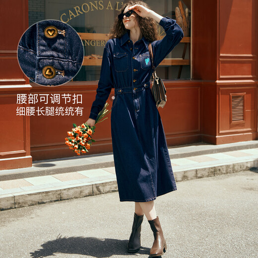 Olrain Prussian blue denim dress for women's spring clothes new waist-hugging embroidered age-reducing skirt denim blue L