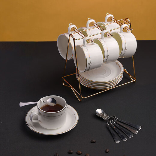 CLITON coffee cup and saucer set European-style gold-rimmed ceramic cup Western-style black tea cup breakfast cup milk cup 6 cups 6 saucers 6 + cup holder