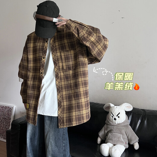 Shelley Jones港风chic格子衬衫男生长袖日系原宿风复古潮牌宽松百搭衬衣送男友 C9732黄咖格加绒 2XL [建议140-160斤]