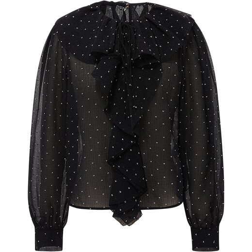 DZZIT Spring and Summer French Romantic Ruffle Decoration Love Flocking Top Women Black XS