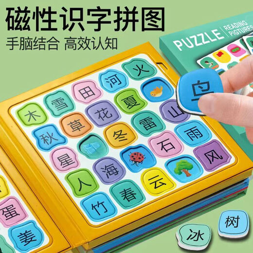 Puzzle d'alphabétisation magnétique Enfants âgés de 4 à 6 ans, jouets éducatifs 3 tout-petits 5 bébés apprennent les cartes de caractères chinois et les autocollants magnétiques. Chapitre de reconnaissance d'images (50 images au total)