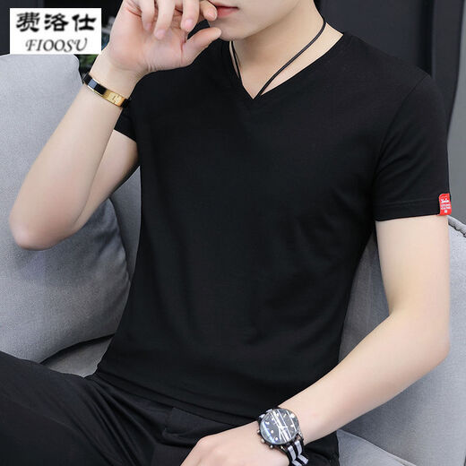 Phelos summer men's short-sleeved T-shirt solid color cotton thread slim-fit trendy V-neck white half-sleeved top summer ice silk t-shirt white L (105-120Jin[Jin equals 0.5 kg])