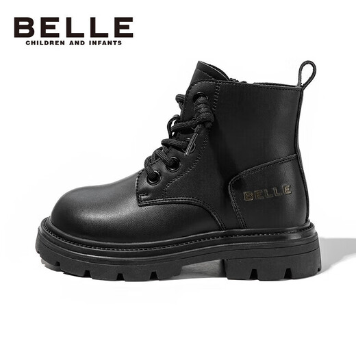 Belle children's shoes winter children's boots girls fashion leather boots baby warm plus fleece Martin boots black size 34