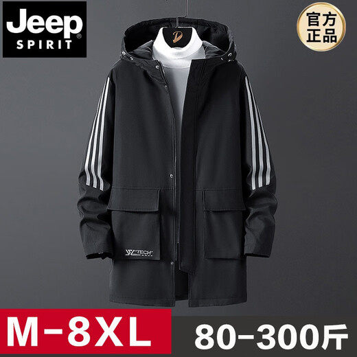 JEEP SPIRIT spring, autumn and winter thickened large size windbreaker men's medium-length coat loose thin velvet trendy fat casual coat new style men's black (plus velvet and thickened) 6XL 225-244Jin Jin equals 0.5 kg