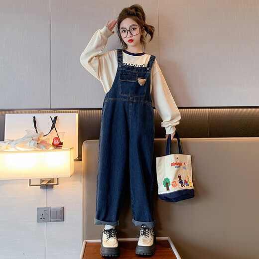 Chili Pepper Diary Girls Denim Overalls Spring and Autumn New Medium and Large Children's Style Loose Straight Temperament Versatile Casual Pants Overalls + Bottoming Shirt (Set) Size 150 Recommended height is about 135-145 cm