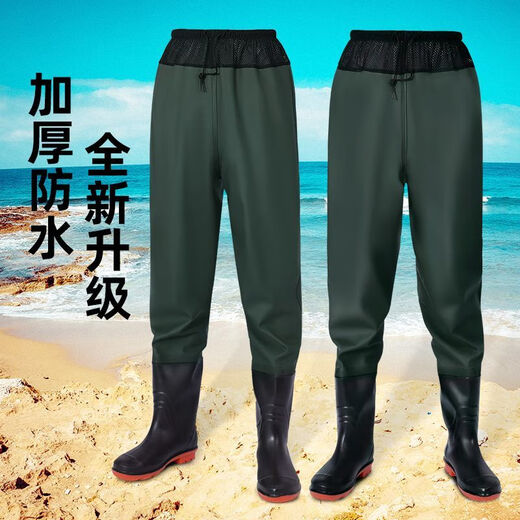 Waterproof trousers, half-length waterproof jacket, rain pants with rain boots to catch fish, full body men's and women's one-piece ultra-light waders, waterproof trousers for the sea, waist-length 90 silk land green pattern 42