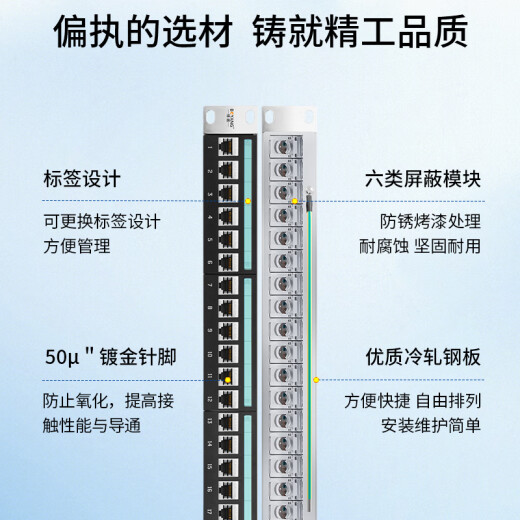 Boyang Category 6 shielded 24-port network patch panel free of charge 19' rack-mounted 1U cabinet patch panel CAT6 Gigabit network cable RJ45 jumper frame (50' gold-plated) BY-6P-24-M