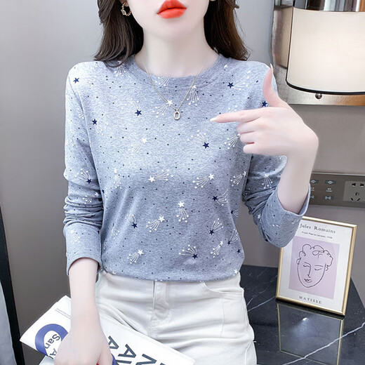 红蜻蜓纯棉时尚印花打底衫女长袖秋季新款修身百搭圆领T恤内搭上衣 DD1396#（灰色）长袖 2XL 【建议131-145斤】
