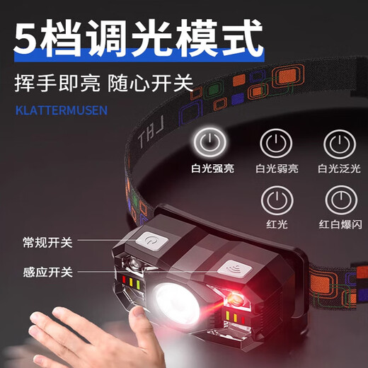 强光感应头灯夜钓鱼户外照明可充电超亮长续航头戴式手电筒电池 9900W带感应升级顶配款100mA