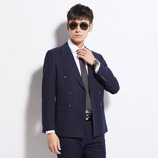 Yhv double-breasted suit men's slim-fit youth blue striped business formal casual suit 7674174 double-breasted 2XL (180)