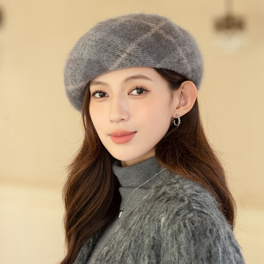 Xiangxue Yuxiu beret women's retro Angora rabbit fur hat women's new octagonal hat autumn and winter warm literary style painter's hat gray one size 56-58CM