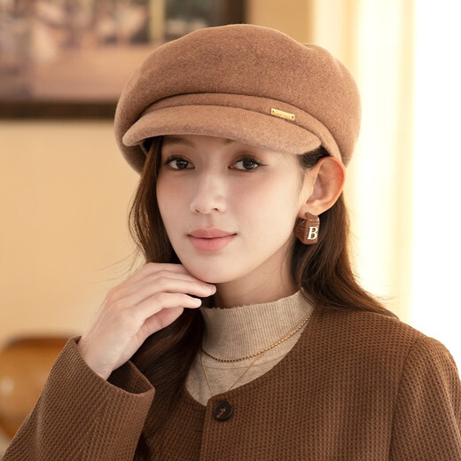 Xiangxue Yuxiu Gorro de Pato de Lana para Mujer Otoño e Invierno 2025 Nueva Boina octogonal Gorro Retro versátil y cálido para Mujer Beige