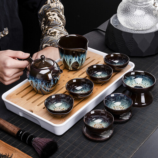 Jianzhan Kungfu tea set household kiln modified Tianmu glaze tea cup teapot tea tray ceramic Jun kiln sand gold tea set 10 heads (gold sand gold/beauty pot) + rectangular (striped) melamine/black