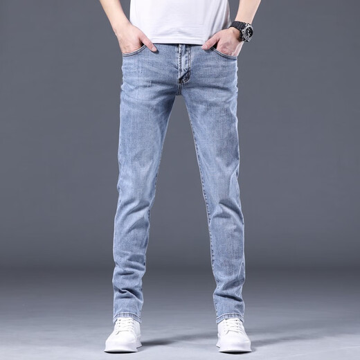 皮尔卡丹（pierre cardin）牛仔裤男士春夏季薄款修身直筒弹力男装浅色休闲男裤百搭长裤子 1048浅蓝 34