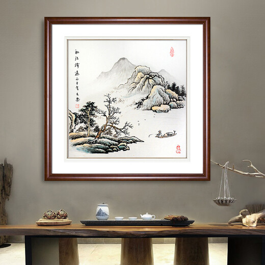 Celebrity calligraphy and painting Dou Fang Chinese ink landscape painting Living room Feng Shui painting Backer painting Hand-painted authentic restaurant entrance decorative painting Jiangshan Chunxiao 60*60cm (purely hand-painted authentic + plexiglass)