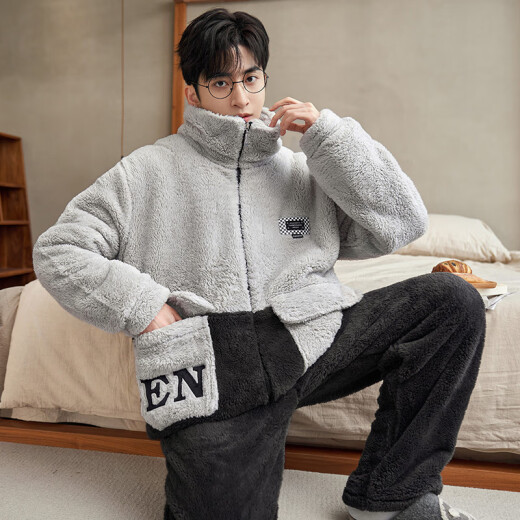 少年情话睡衣男珊瑚绒冬季加绒加厚男款大码棉袄青年保暖可外穿家居服套装 1349N浅灰+黑色 男L(100-135斤)
