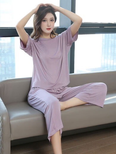 Cat man with chest pad pajamas for women in summer short-sleeved cropped pants thin summer loose outdoor wear suit WT846 [Healing Blue - Short-sleeved + Three-crop pants] L [100-120Jin [Jin equals 0.5 kg]]