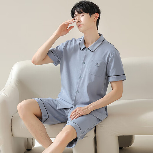 爱芬柔睡衣男士夏季纯棉短袖家居服青少年夏天休闲简约薄款外穿大码套装 12806JYR XL 体重120-140斤