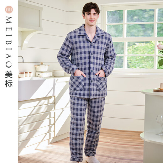 American Standard Couples Three-Layer Thickened Warm Padded Pajamas Set Women's Autumn and Winter Plaid Soft Cotton Can Be Weared Outside Home Clothes Men's Twilight Blue L