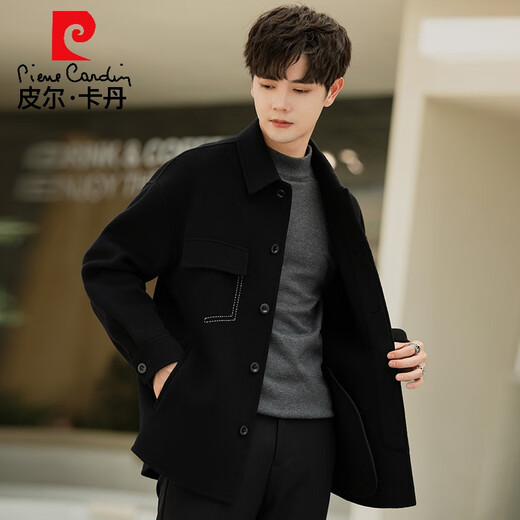 皮尔卡丹2025新款冬季毛呢外套男士双面羊毛大衣短款翻领休闲呢子夹克秋装 卡绿色 XL 180