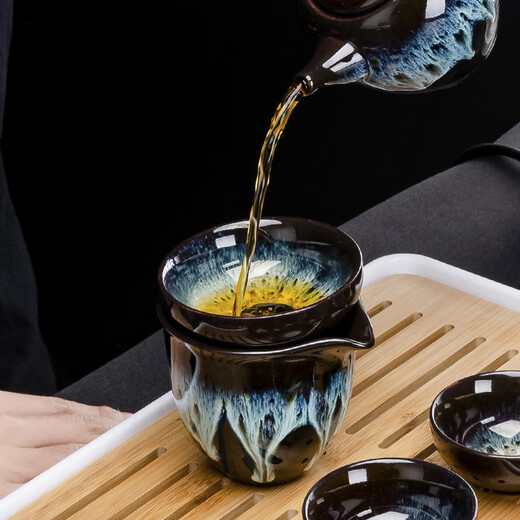 Jianzhan Kungfu tea set household kiln modified Tianmu glaze tea cup teapot tea tray ceramic Jun kiln sand gold tea set 10 heads (gold sand gold/beauty pot) + rectangular (striped) melamine/black